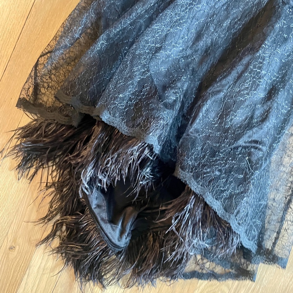 Betsey Johnson lacey dress with feathered trim on bottom